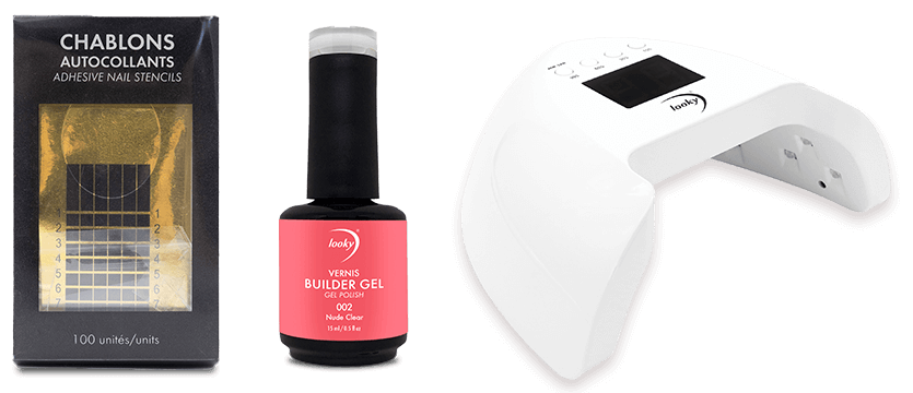 Looky - Chablons adhesive nail stencils, Builder gel polish Nude Clear 002 and Delux UV lamp